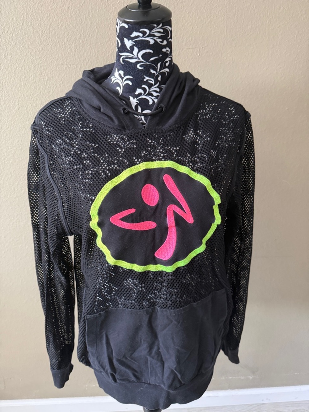Zumba Fitness Black Mesh Hoodie with Neon Pink & Lime Logo